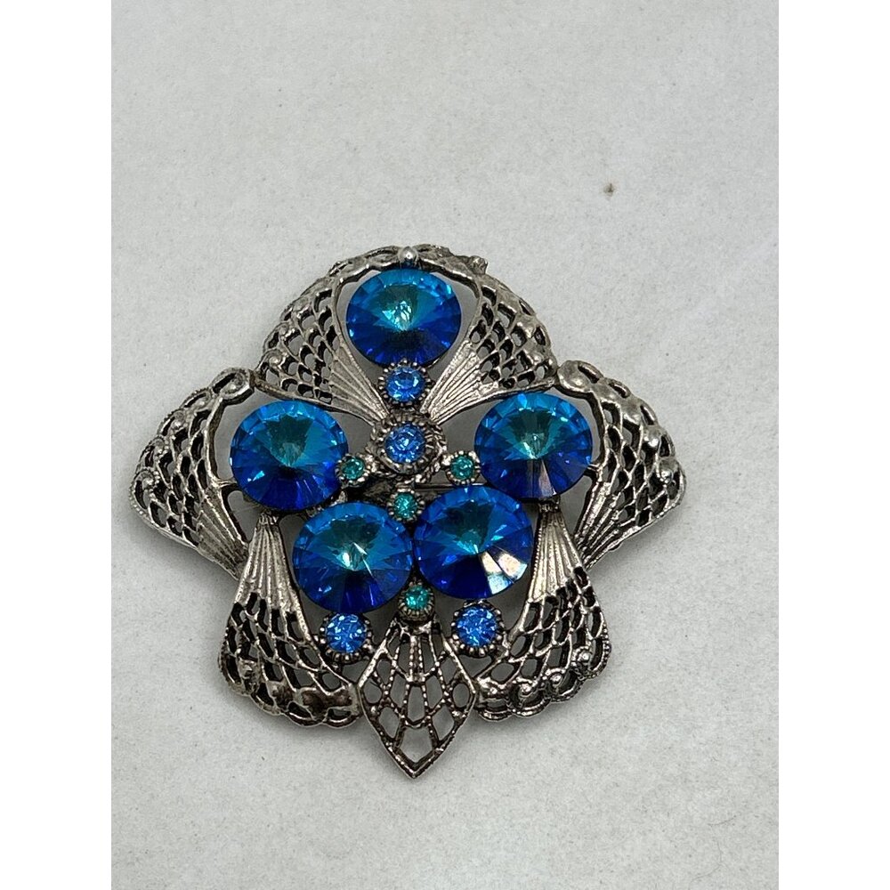 Vintage Silver Filigree Brooch With Blue Rhinestones